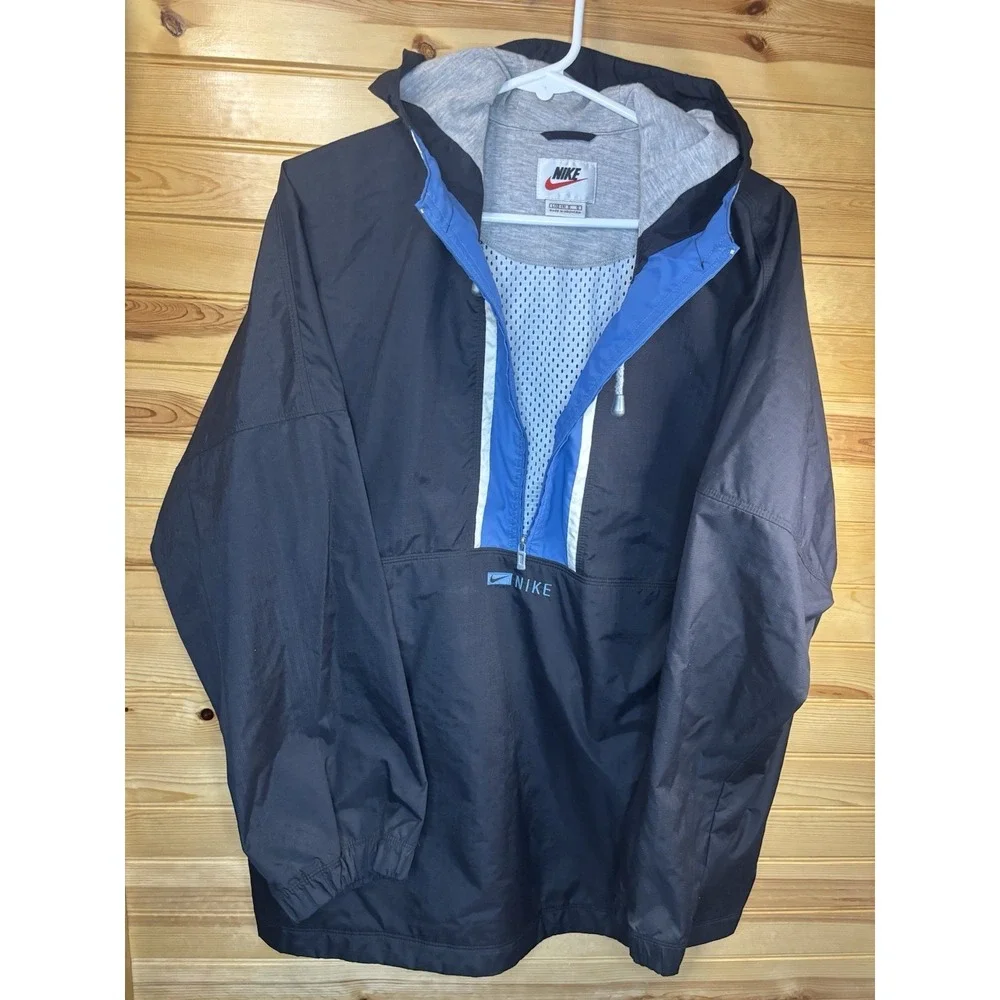 VINTAGE Nike Rain Jacket Boys 12-14 Large Blue Spellout Center Swoosh Pullover